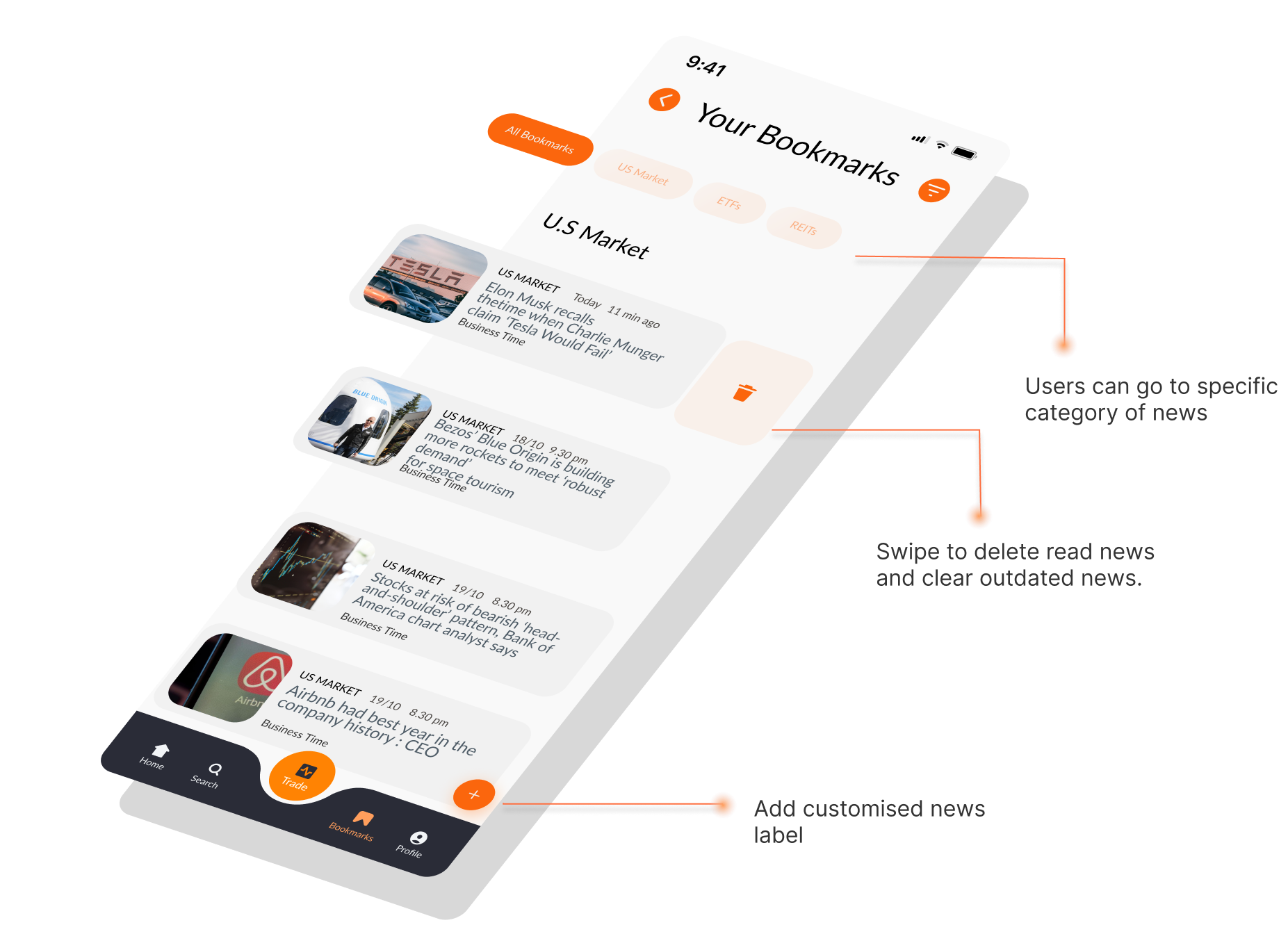 Saved news view for revisiting articles at the user's convenience